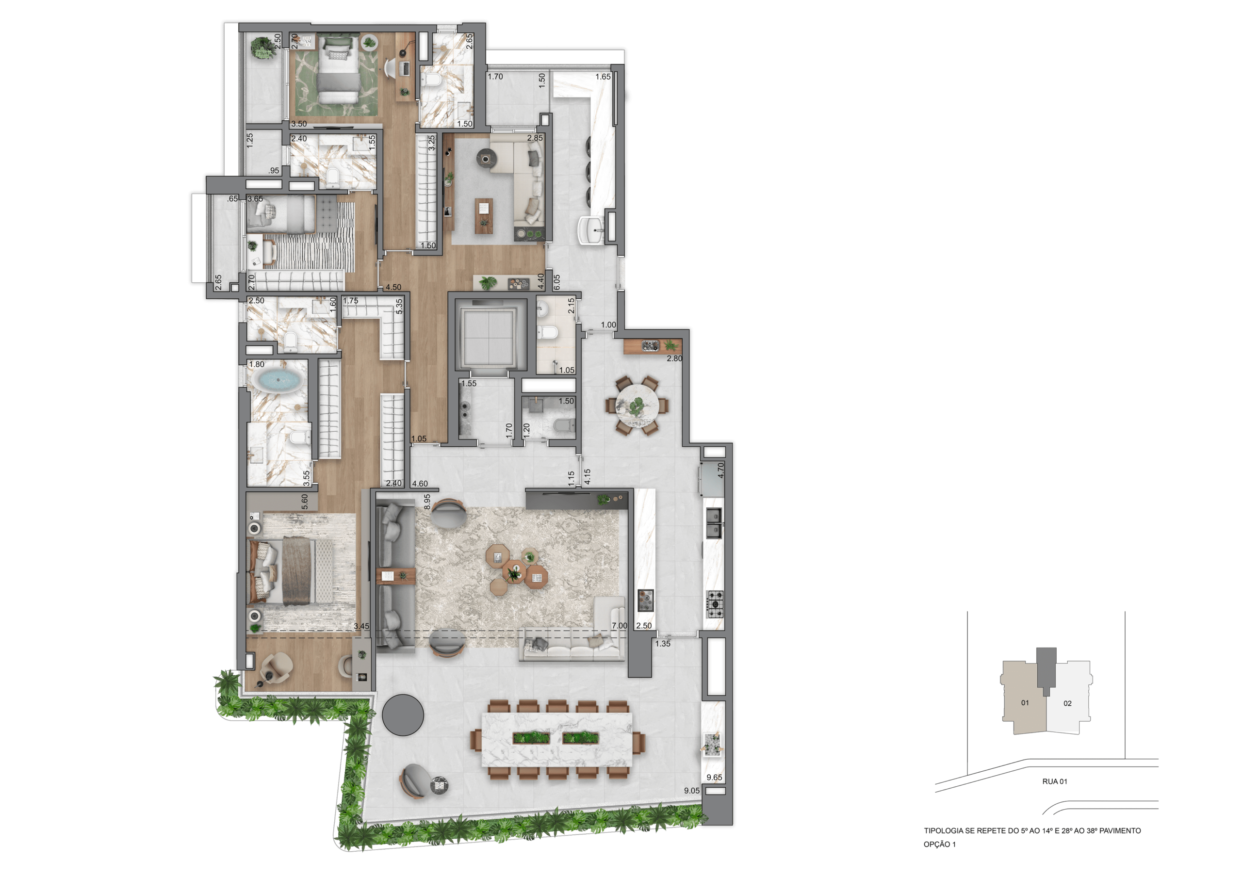 Planta 263 m² com 3 suítes - West